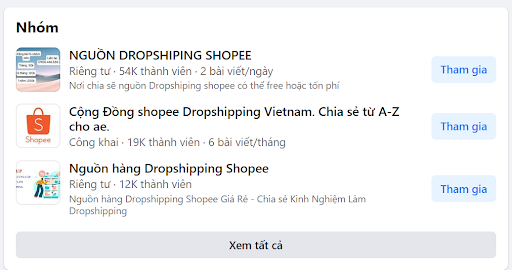 Bạn có thể tìm kiếm nguồn Dropship Shopee trên các nhóm Facebook