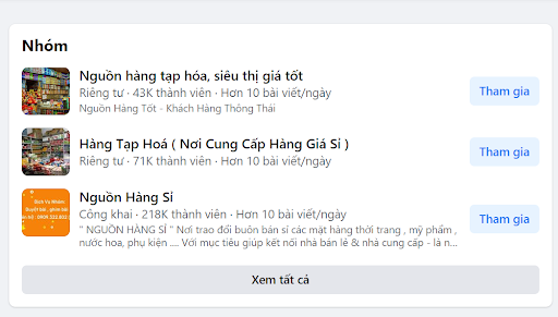 Tìm kiếm nguồn hàng sỉ tạp hóa trên hội nhóm Facebook