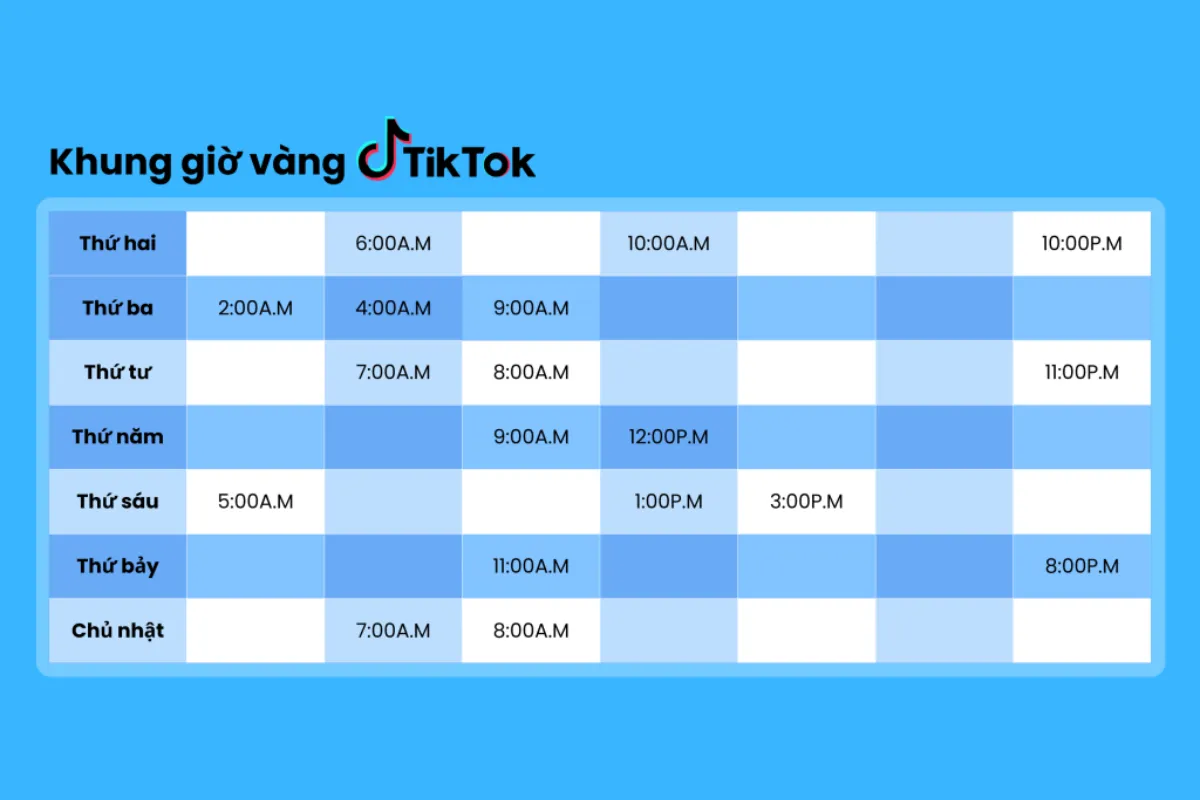 một số khung giờ được xem là lý tưởng để đăng bài trên TikTok bao gồm buổi sáng sớm (trước 9 giờ), buổi trưa (khoảng 12-1 giờ chiều), và buổi tối (từ 7-11 giờ đêm)