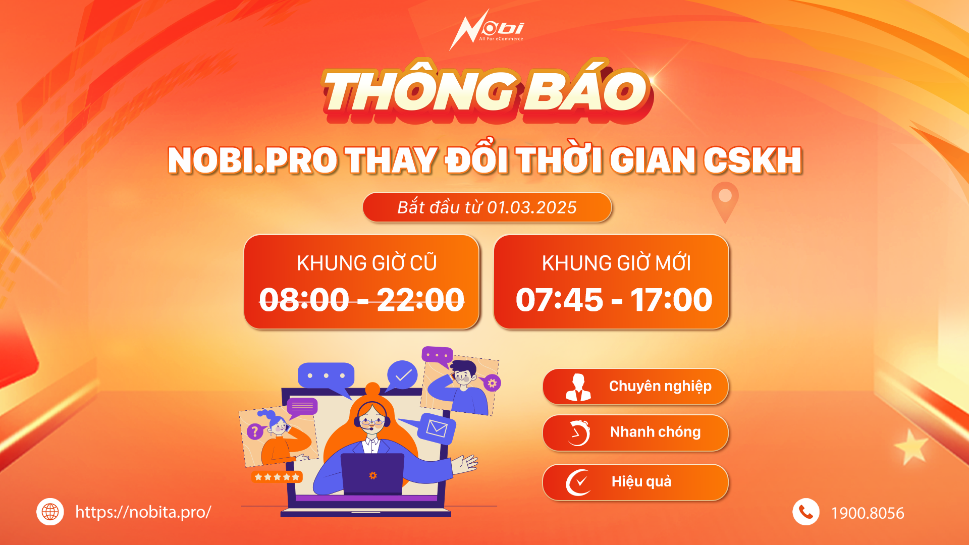 Nobi.Pro thông báo về việc thay đổi thời gian CSKH